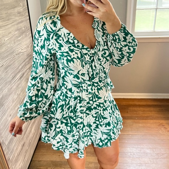 Free People Long Sleeve Green White Dress Mini Small - Picture 5 of 12